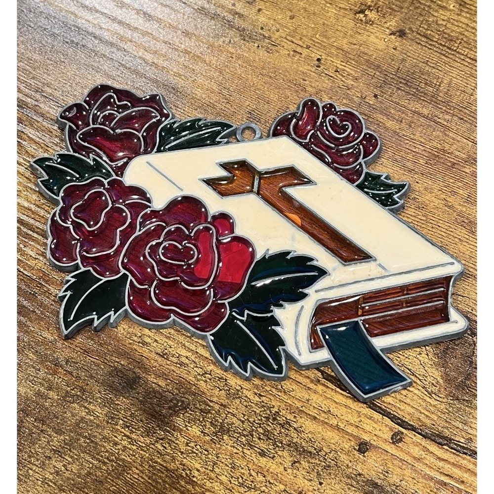 Vintage Stained Glass Bible‎ Cross Roses Christian Decor